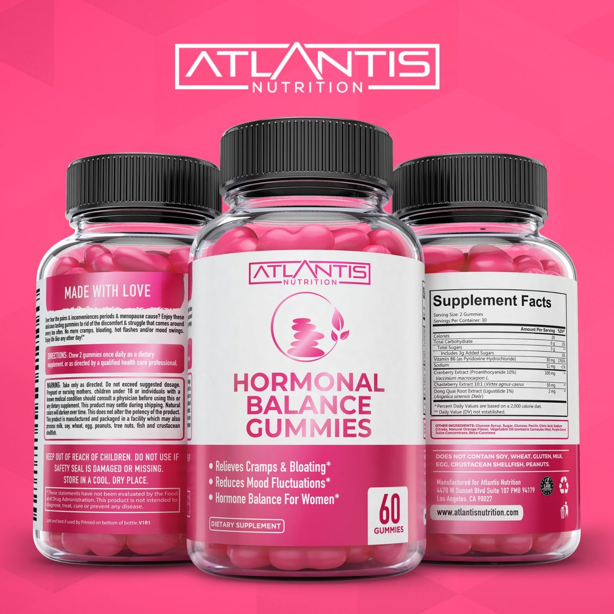 Atlantis Nutrition Hormonelles Gleichgewicht für Frauen & PMS Linderung Gummis – Lindert Krämpfe, Blähungen, Stimmungsschwankungen, Hitzewallungen & Nachtschweiß – Cranberry, Dong Quai & Mönchspfeffer Menstruationskrämpfe