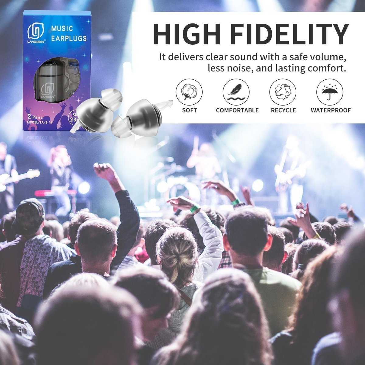 LYSIAN High Fidelity Konzert Ohrstöpsel, 23 dB Geräuschreduzierung, Musiker Ohrstöpsel für Konzerte, Festivals & Raves, Wiederverwendbare weiche Ohrstöpsel mit Aluminiumetui, 2 Paar Blau