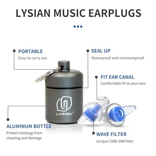 LYSIAN High Fidelity Konzert Ohrstöpsel, 23 dB Geräuschreduzierung, Musiker Ohrstöpsel für Konzerte, Festivals & Raves, Wiederverwendbare weiche Ohrstöpsel mit Aluminiumetui, 2 Paar Blau