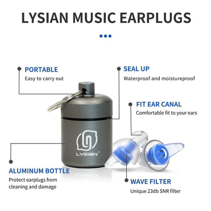 LYSIAN High Fidelity Konzert Ohrstöpsel, 23 dB Geräuschreduzierung, Musiker Ohrstöpsel für Konzerte, Festivals & Raves, Wiederverwendbare weiche Ohrstöpsel mit Aluminiumetui, 2 Paar Blau