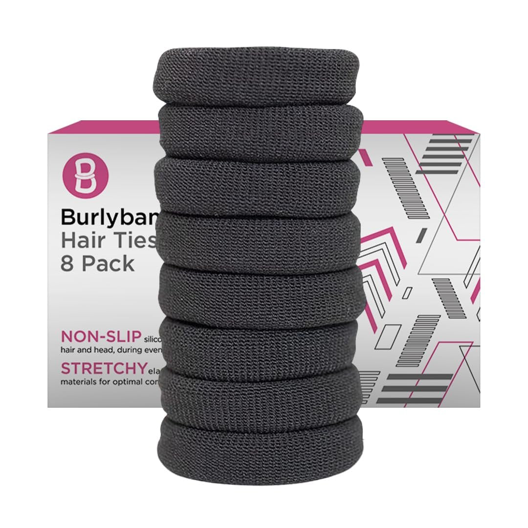 Burlybands Große Haargummis für dickes, schweres oder lockiges Haar - Rutschfest, Haarschonend, Nahtlose Damen-Pferdeschwanz-Scrunchies - Dunkelgrau, 8 Stück