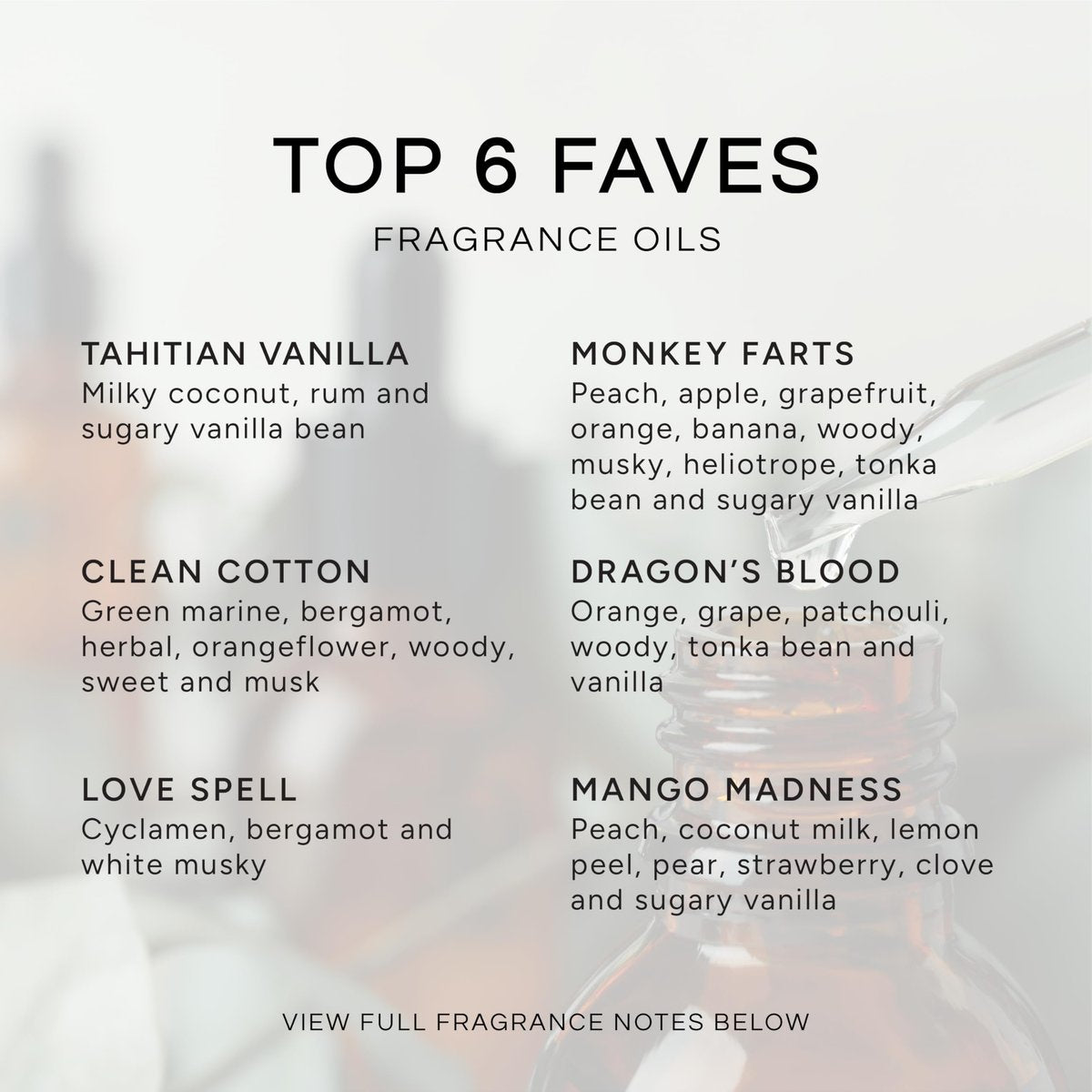 Top 6 Faves – Set mit 6 Premium Duftölen – Love Spell, Tahitian Vanille, Clean Cotton, Mango, Dragon's Blood und Monkey Farts – 10 ml