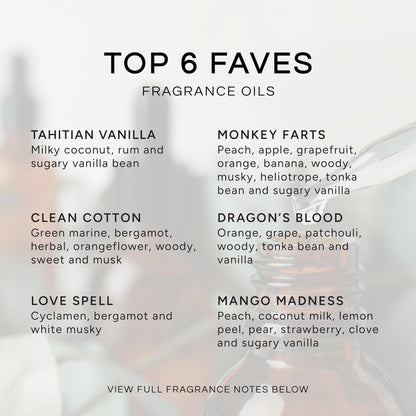 Top 6 Faves – Set mit 6 Premium Duftölen – Love Spell, Tahitian Vanille, Clean Cotton, Mango, Dragon's Blood und Monkey Farts – 10 ml
