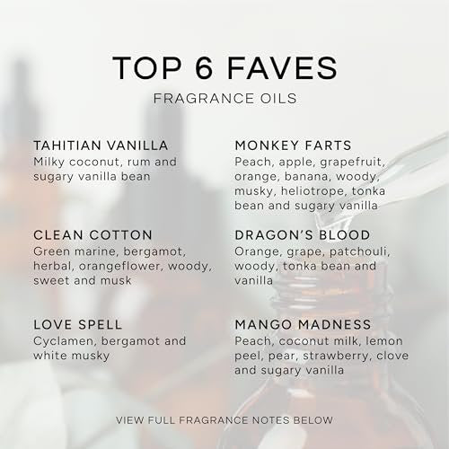 Top 6 Faves – Set mit 6 Premium Duftölen – Love Spell, Tahitian Vanille, Clean Cotton, Mango, Dragon's Blood und Monkey Farts – 10 ml