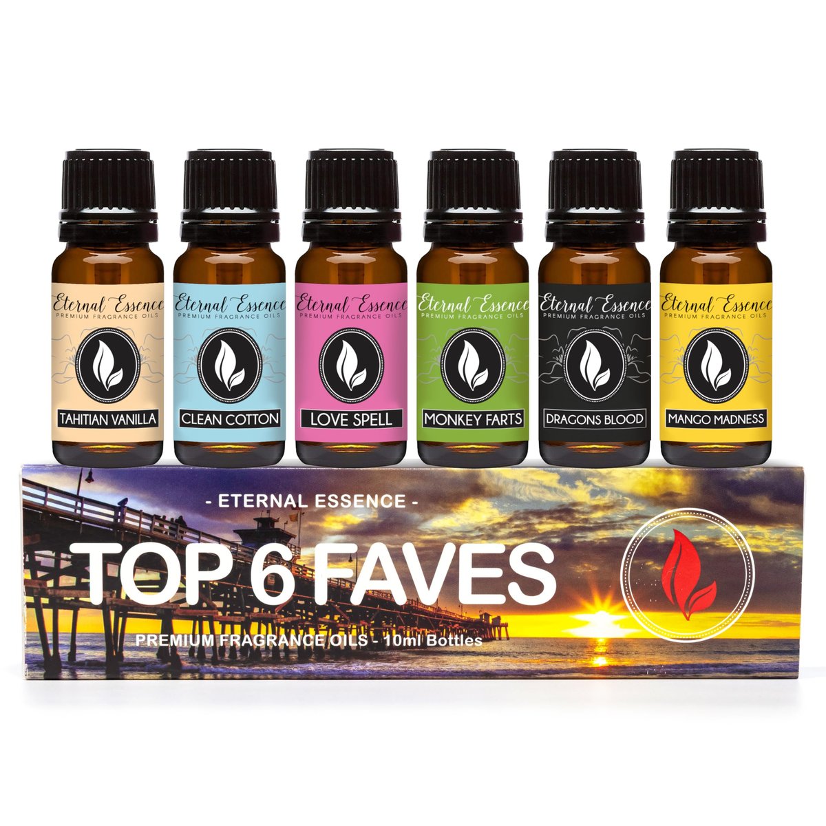Top 6 Faves – Set mit 6 Premium Duftölen – Love Spell, Tahitian Vanille, Clean Cotton, Mango, Dragon's Blood und Monkey Farts – 10 ml