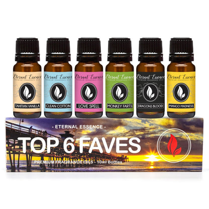 Top 6 Faves – Set mit 6 Premium Duftölen – Love Spell, Tahitian Vanille, Clean Cotton, Mango, Dragon's Blood und Monkey Farts – 10 ml
