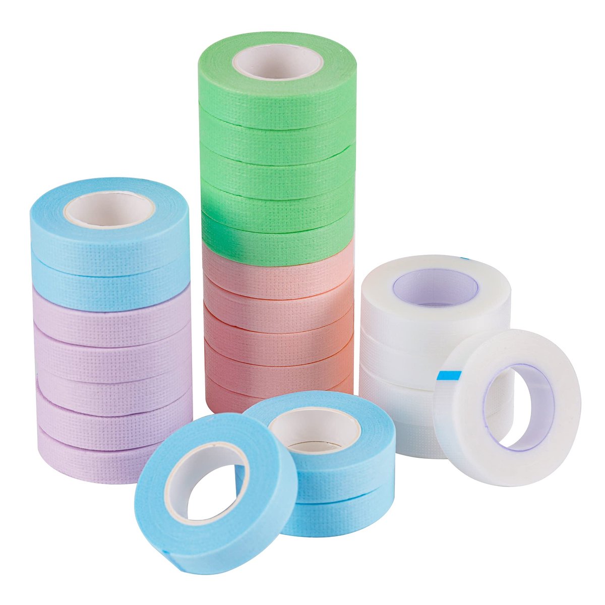 25 Stück Wimpernverlängerungsband, Klebeband aus Stoff, unter Augen, atmungsaktives medizinisches Mikroporenband für einzelne Wimpernverlängerungen, 1/2'' x 10 Yards pro Rolle, Grün+Pink+Blau+Weiß+Lila