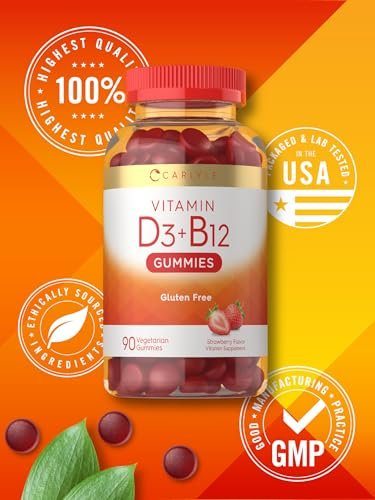 Carlyle Vitamin D3 + B12 Komplex Gummibärchen | 90 Stück | Vegetarische, Nicht-GVO, Glutenfreie Formel | Erdbeergeschmack