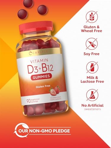 Carlyle Vitamin D3 + B12 Komplex Gummibärchen | 90 Stück | Vegetarische, Nicht-GVO, Glutenfreie Formel | Erdbeergeschmack