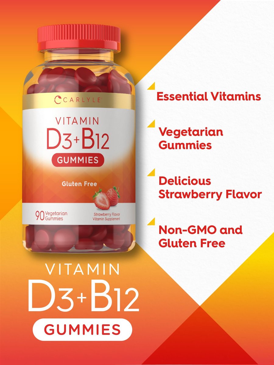 Carlyle Vitamin D3 + B12 Komplex Gummibärchen | 90 Stück | Vegetarische, Nicht-GVO, Glutenfreie Formel | Erdbeergeschmack