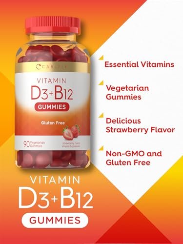Carlyle Vitamin D3 + B12 Komplex Gummibärchen | 90 Stück | Vegetarische, Nicht-GVO, Glutenfreie Formel | Erdbeergeschmack