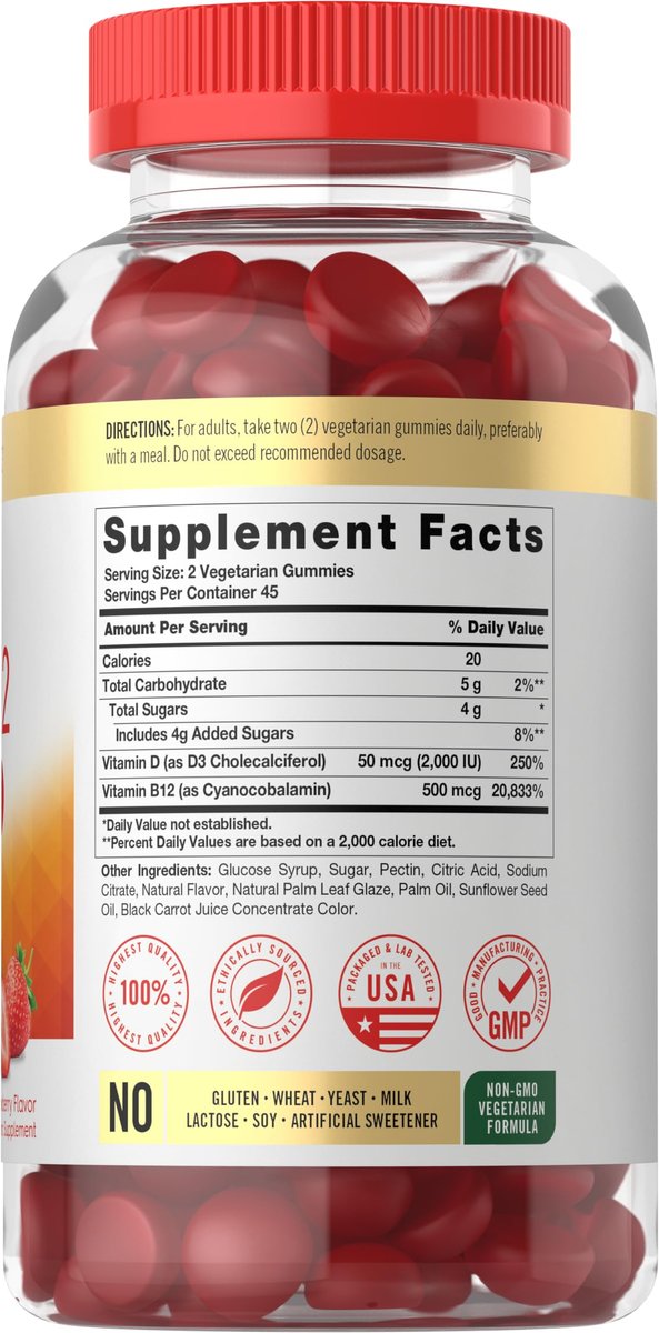 Carlyle Vitamin D3 + B12 Komplex Gummibärchen | 90 Stück | Vegetarische, Nicht-GVO, Glutenfreie Formel | Erdbeergeschmack