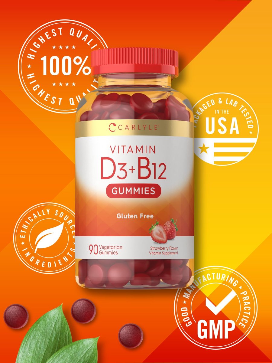 Carlyle Vitamin D3 + B12 Komplex Gummibärchen | 90 Stück | Vegetarische, Nicht-GVO, Glutenfreie Formel | Erdbeergeschmack