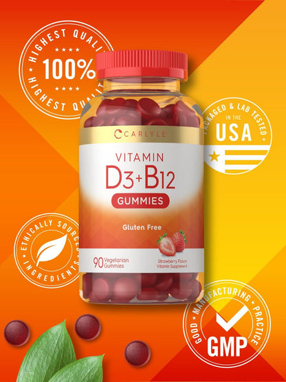 Carlyle Vitamin D3 + B12 Komplex Gummibärchen | 90 Stück | Vegetarische, Nicht-GVO, Glutenfreie Formel | Erdbeergeschmack