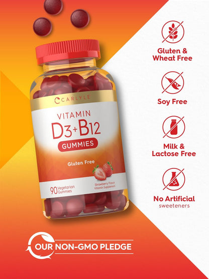 Carlyle Vitamin D3 + B12 Komplex Gummibärchen | 90 Stück | Vegetarische, Nicht-GVO, Glutenfreie Formel | Erdbeergeschmack