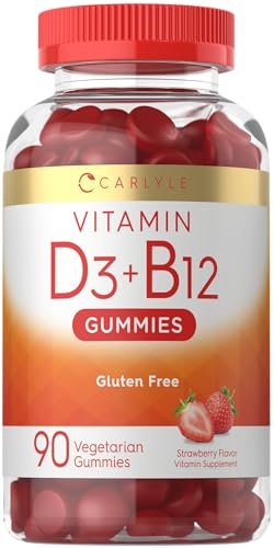 Carlyle Vitamin D3 + B12 Komplex Gummibärchen | 90 Stück | Vegetarische, Nicht-GVO, Glutenfreie Formel | Erdbeergeschmack