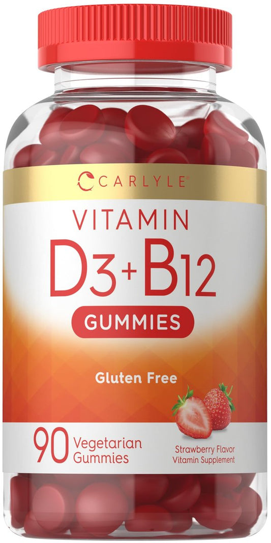 Carlyle Vitamin D3 + B12 Komplex Gummibärchen | 90 Stück | Vegetarische, Nicht-GVO, Glutenfreie Formel | Erdbeergeschmack