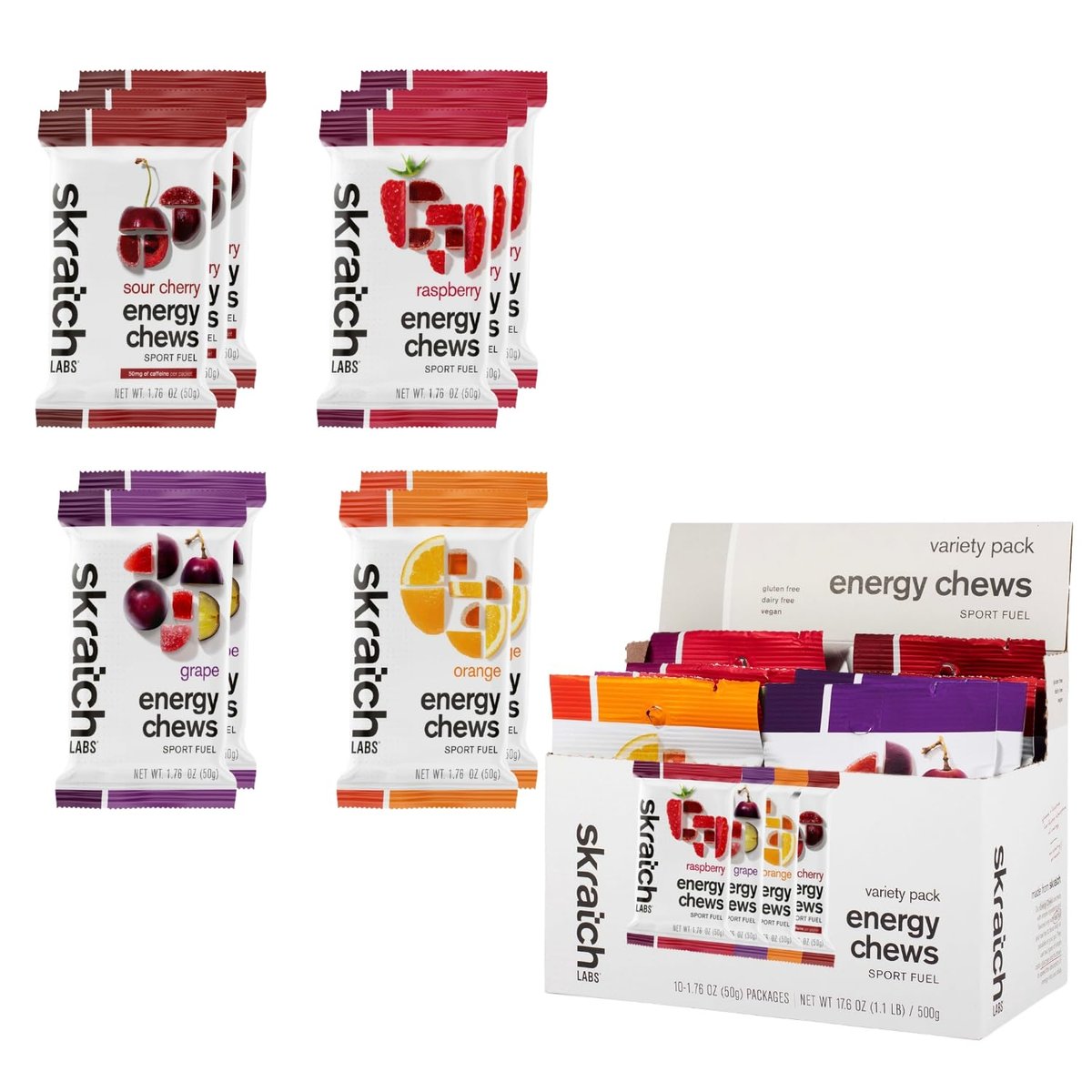 Skratch Labs Energy Chews – Fruchtige Energie-Gummis für Läufer, Radfahrer & Ausdauersportler | Schnelle Kohlenhydrate, leicht verdaulich, echte Früchte | Gel-Alternative für Läufe & Fahrten | Sortenpaket 10er-Pack | Glutenfrei, vegan