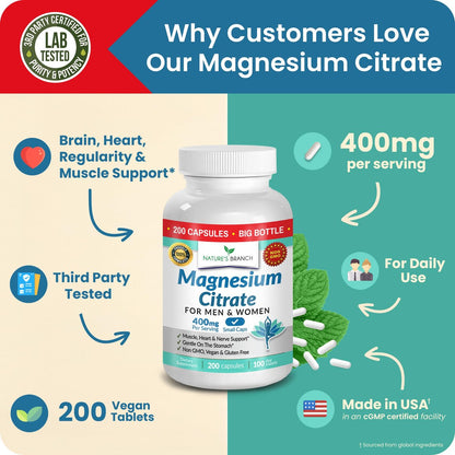 Magnesiumcitrat Kapseln 400mg – Hochdosiert für Schlaf, Entspannung & Muskeln – Vegan, Nicht-GMO, Leicht zu Schlucken – 200 Kapseln