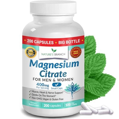 Magnesiumcitrat Kapseln 400mg – Hochdosiert für Schlaf, Entspannung & Muskeln – Vegan, Nicht-GMO, Leicht zu Schlucken – 200 Kapseln