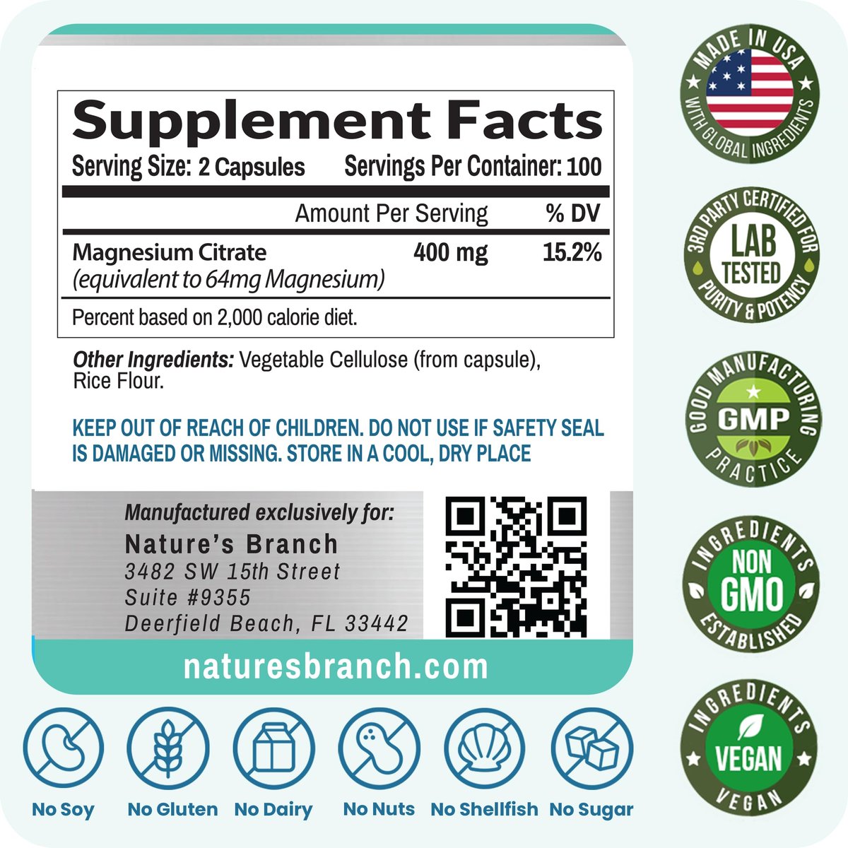Magnesiumcitrat Kapseln 400mg – Hochdosiert für Schlaf, Entspannung & Muskeln – Vegan, Nicht-GMO, Leicht zu Schlucken – 200 Kapseln