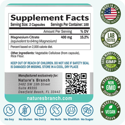 Magnesiumcitrat Kapseln 400mg – Hochdosiert für Schlaf, Entspannung & Muskeln – Vegan, Nicht-GMO, Leicht zu Schlucken – 200 Kapseln