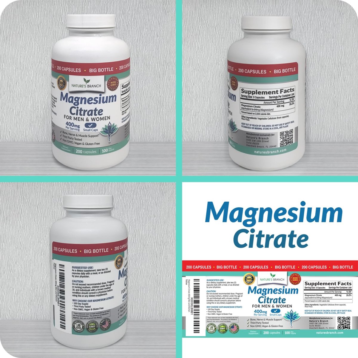 Magnesiumcitrat Kapseln 400mg – Hochdosiert für Schlaf, Entspannung & Muskeln – Vegan, Nicht-GMO, Leicht zu Schlucken – 200 Kapseln