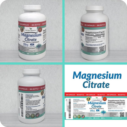 Magnesiumcitrat Kapseln 400mg – Hochdosiert für Schlaf, Entspannung & Muskeln – Vegan, Nicht-GMO, Leicht zu Schlucken – 200 Kapseln