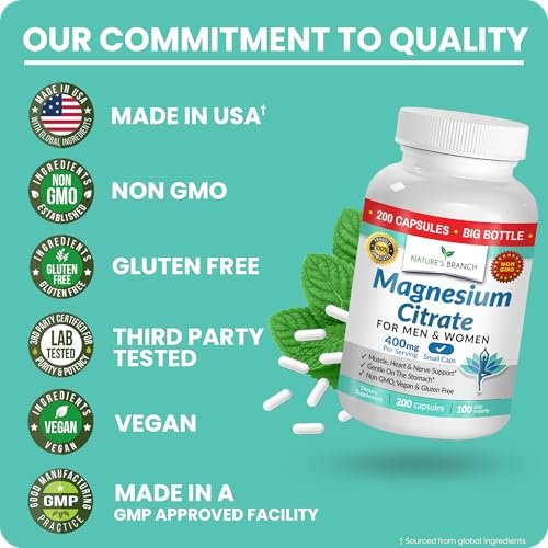 Magnesiumcitrat Kapseln 400mg – Hochdosiert für Schlaf, Entspannung & Muskeln – Vegan, Nicht-GMO, Leicht zu Schlucken – 200 Kapseln