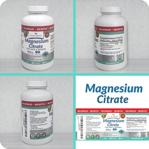 Magnesiumcitrat Kapseln 400mg – Hochdosiert für Schlaf, Entspannung & Muskeln – Vegan, Nicht-GMO, Leicht zu Schlucken – 200 Kapseln