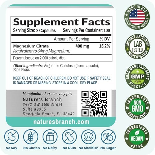 Magnesiumcitrat Kapseln 400mg – Hochdosiert für Schlaf, Entspannung & Muskeln – Vegan, Nicht-GMO, Leicht zu Schlucken – 200 Kapseln