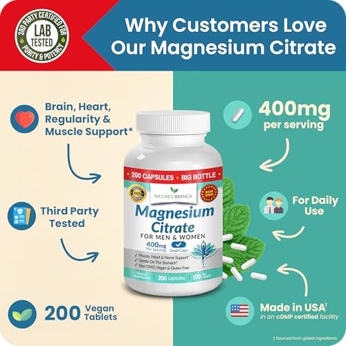 Magnesiumcitrat Kapseln 400mg – Hochdosiert für Schlaf, Entspannung & Muskeln – Vegan, Nicht-GMO, Leicht zu Schlucken – 200 Kapseln