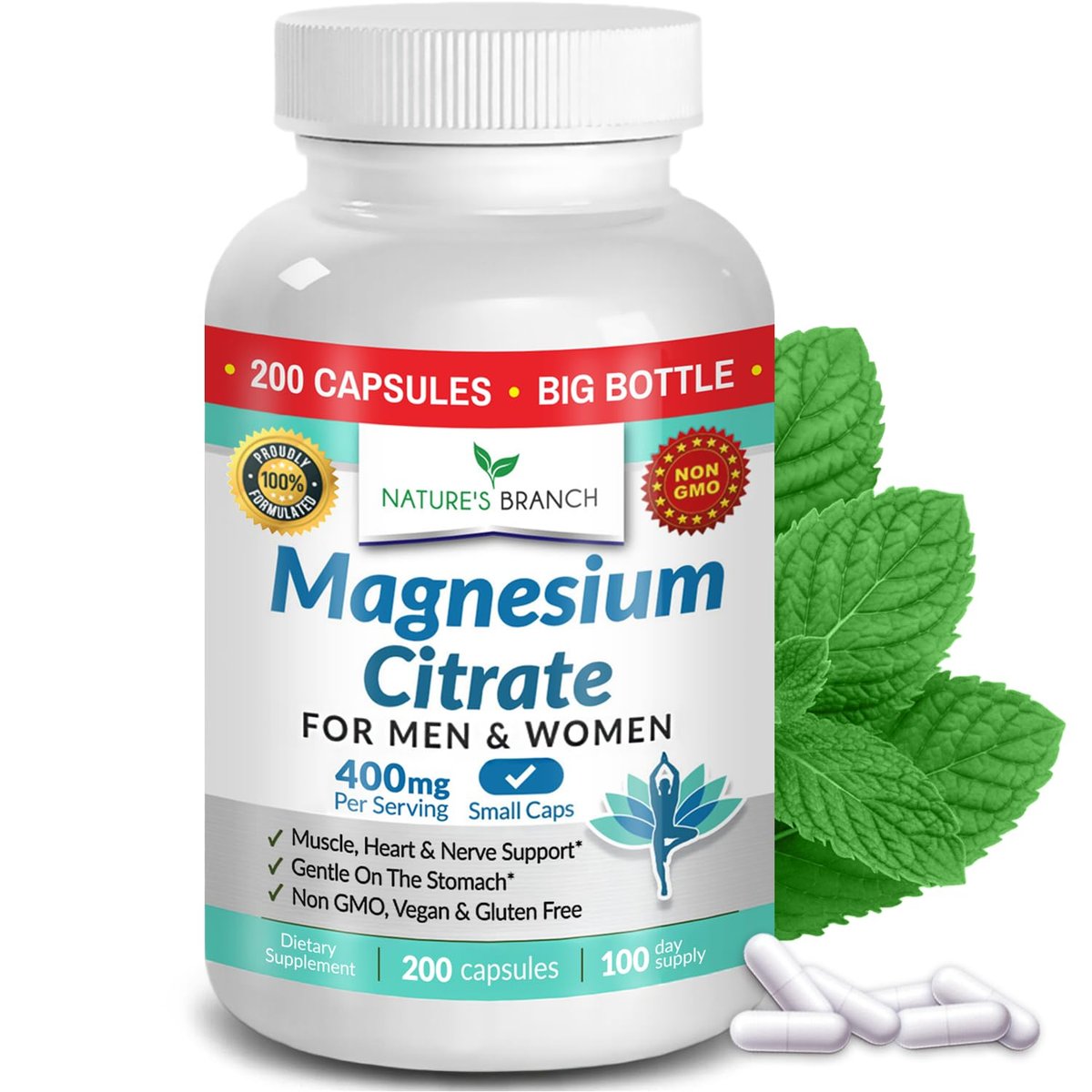 Magnesiumcitrat Kapseln 400mg – Hochdosiert für Schlaf, Entspannung & Muskeln – Vegan, Nicht-GMO, Leicht zu Schlucken – 200 Kapseln