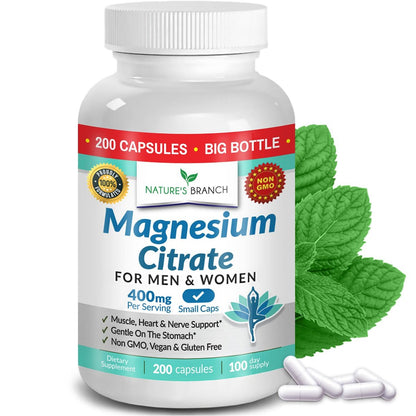 Magnesiumcitrat Kapseln 400mg – Hochdosiert für Schlaf, Entspannung & Muskeln – Vegan, Nicht-GMO, Leicht zu Schlucken – 200 Kapseln