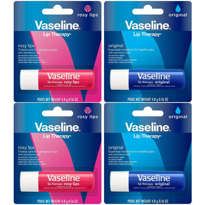 Vaseline Lip Therapy Sortiment 4er-Pack – Original + Rosy Lips Feuchtigkeitsspendender Lippenbalsam mit Vitamin E, 0,16 Oz pro Stück