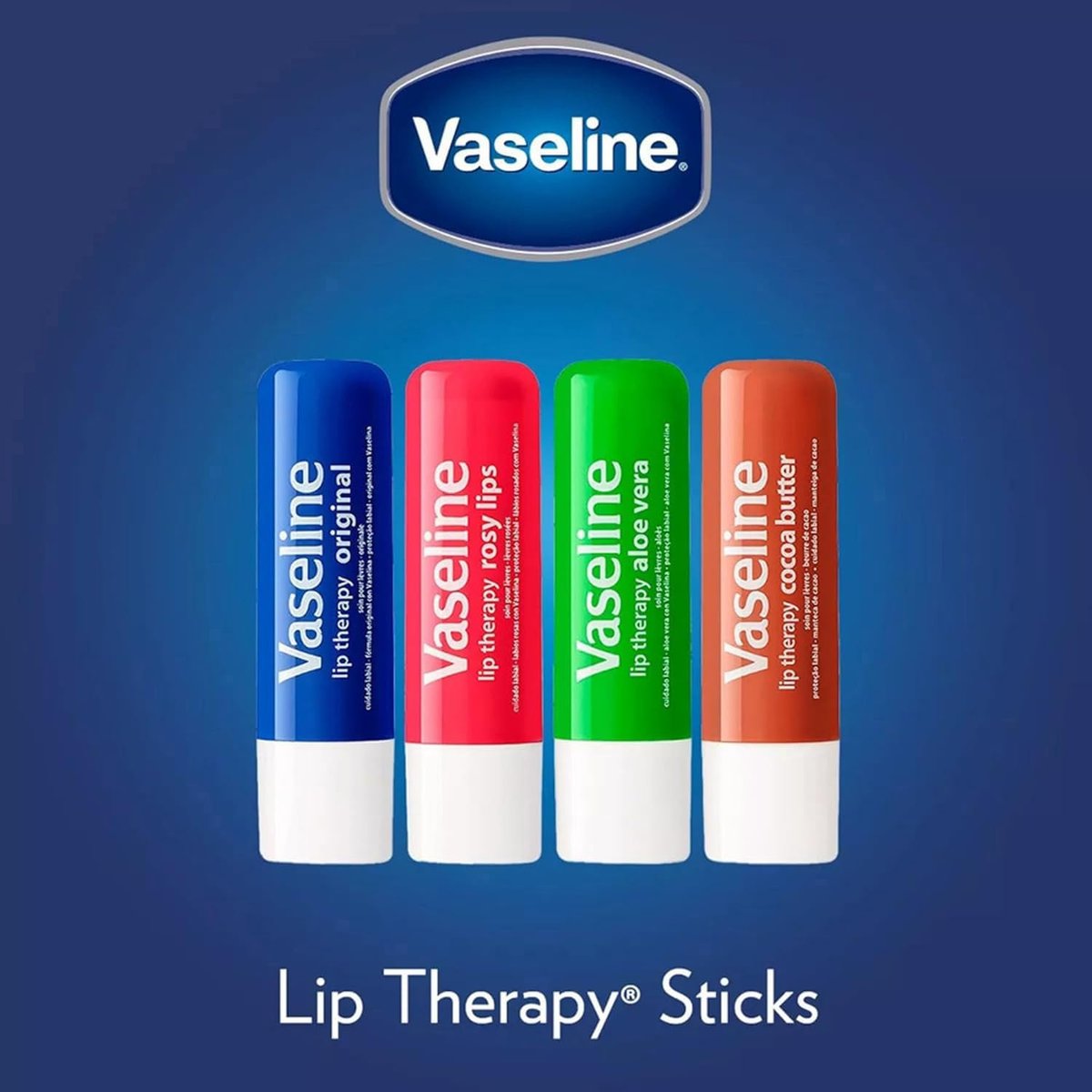 Vaseline Lip Therapy Sortiment 4er-Pack – Original + Rosy Lips Feuchtigkeitsspendender Lippenbalsam mit Vitamin E, 0,16 Oz pro Stück