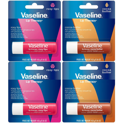 Vaseline Lip Therapy Sortiment 4er-Pack – Rosy Lips + Kakaobutter Feuchtigkeitsspendender Lippenbalsam mit Vitamin E, 0,16 Oz pro Stück