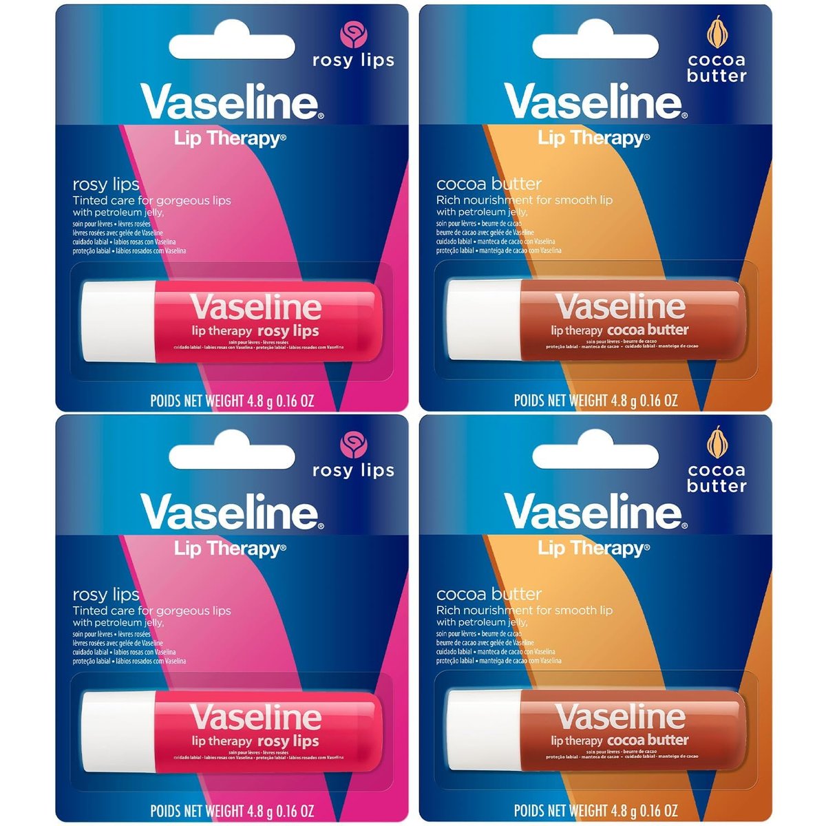 Vaseline Lip Therapy Sortiment 4er-Pack – Rosy Lips + Kakaobutter Feuchtigkeitsspendender Lippenbalsam mit Vitamin E, 0,16 Oz pro Stück