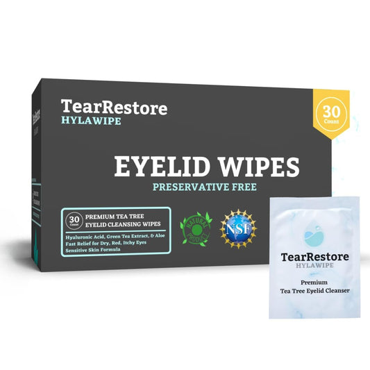 TearRestore Tea Tree HylaWipe Augenlid-Reinigungstücher – 30 Stück | Feuchtigkeitsspendende Lid-Reinigungstücher | Behandlung von Blepharitis | Tücher für trockene, rote, juckende und gereizte Augen