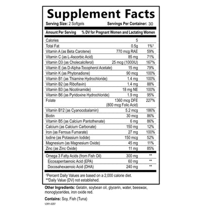 Pränatale Vitamine für Frauen – Multivitamin mit DHA, Folsäure, Vitamin C, B12, Eisen & Omega-3 – Vor, während & nach der Schwangerschaft für gesundes Wachstum & Gehirnentwicklung – 60 Softgels