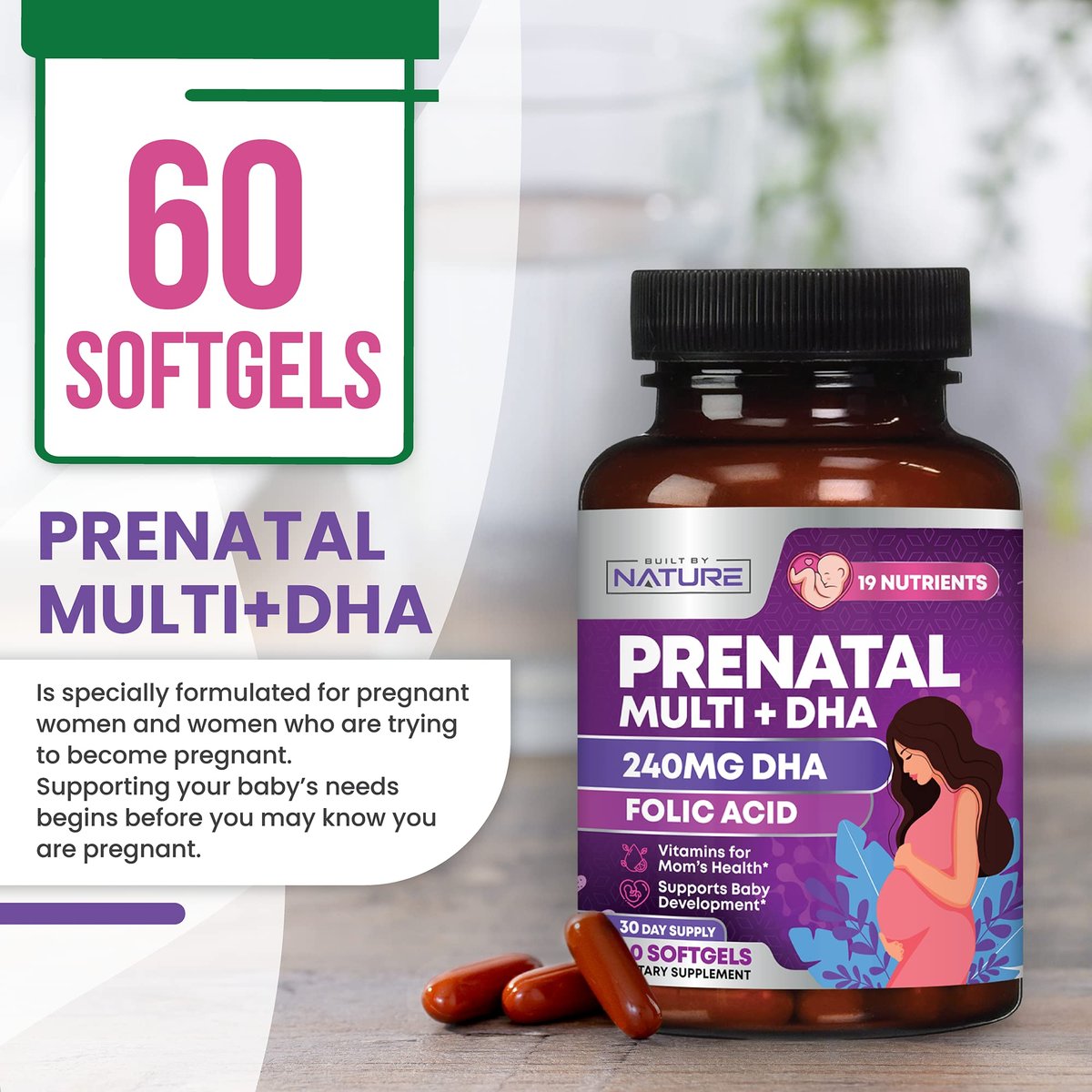 Pränatale Vitamine für Frauen – Multivitamin mit DHA, Folsäure, Vitamin C, B12, Eisen & Omega-3 – Vor, während & nach der Schwangerschaft für gesundes Wachstum & Gehirnentwicklung – 60 Softgels