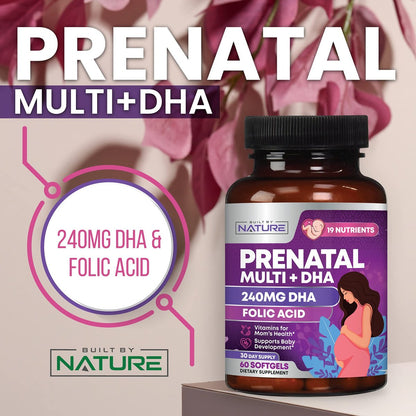 Pränatale Vitamine für Frauen – Multivitamin mit DHA, Folsäure, Vitamin C, B12, Eisen & Omega-3 – Vor, während & nach der Schwangerschaft für gesundes Wachstum & Gehirnentwicklung – 60 Softgels