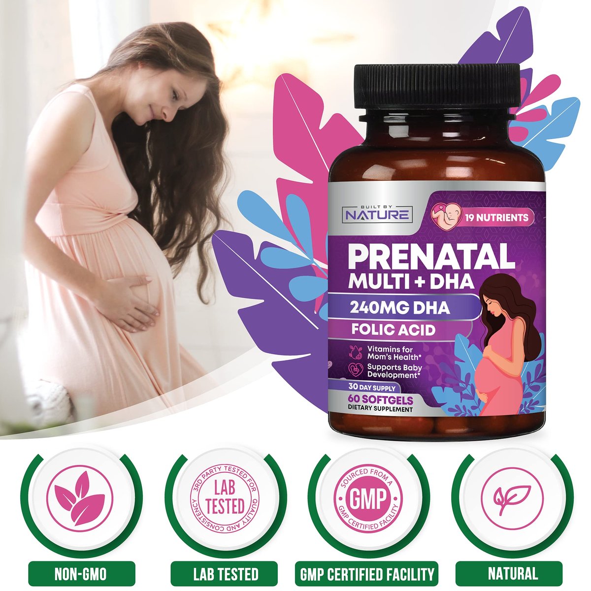Pränatale Vitamine für Frauen – Multivitamin mit DHA, Folsäure, Vitamin C, B12, Eisen & Omega-3 – Vor, während & nach der Schwangerschaft für gesundes Wachstum & Gehirnentwicklung – 60 Softgels