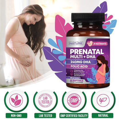 Pränatale Vitamine für Frauen – Multivitamin mit DHA, Folsäure, Vitamin C, B12, Eisen & Omega-3 – Vor, während & nach der Schwangerschaft für gesundes Wachstum & Gehirnentwicklung – 60 Softgels