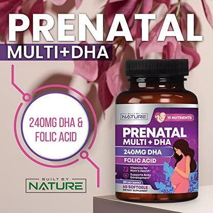 Pränatale Vitamine für Frauen – Multivitamin mit DHA, Folsäure, Vitamin C, B12, Eisen & Omega-3 – Vor, während & nach der Schwangerschaft für gesundes Wachstum & Gehirnentwicklung – 60 Softgels