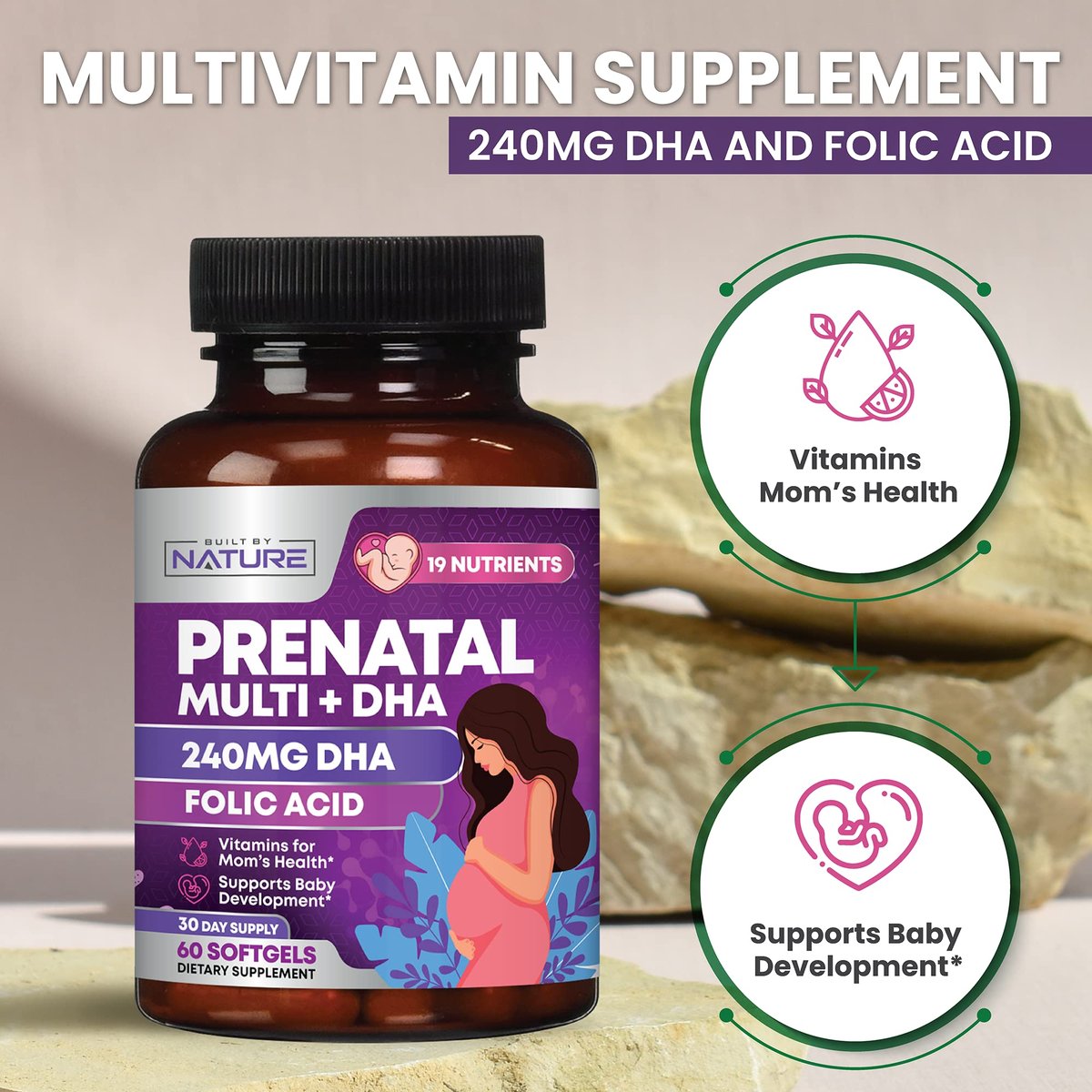 Pränatale Vitamine für Frauen – Multivitamin mit DHA, Folsäure, Vitamin C, B12, Eisen & Omega-3 – Vor, während & nach der Schwangerschaft für gesundes Wachstum & Gehirnentwicklung – 60 Softgels