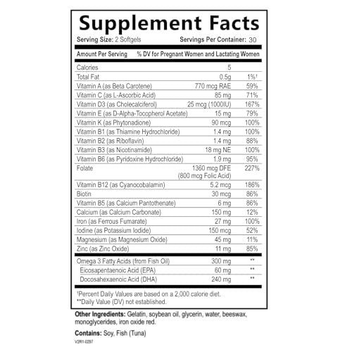 Pränatale Vitamine für Frauen – Multivitamin mit DHA, Folsäure, Vitamin C, B12, Eisen & Omega-3 – Vor, während & nach der Schwangerschaft für gesundes Wachstum & Gehirnentwicklung – 60 Softgels