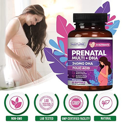 Pränatale Vitamine für Frauen – Multivitamin mit DHA, Folsäure, Vitamin C, B12, Eisen & Omega-3 – Vor, während & nach der Schwangerschaft für gesundes Wachstum & Gehirnentwicklung – 60 Softgels