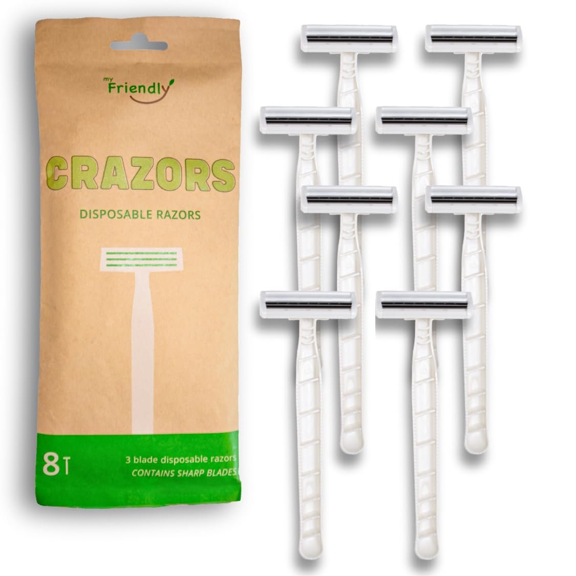 Crazors 3-Klingen Einwegrasierer – 8er-Pack – Haarentfernung für Männer & Frauen – Körper- & Gesichtsrasierer – Reisegröße – Umweltfreundlich von MyFriendly