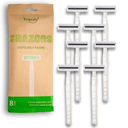 Crazors 3-Klingen Einwegrasierer – 8er-Pack – Haarentfernung für Männer & Frauen – Körper- & Gesichtsrasierer – Reisegröße – Umweltfreundlich von MyFriendly